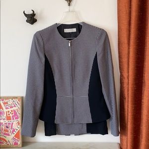 Tahari skirt suit, modern, dark navy and white.